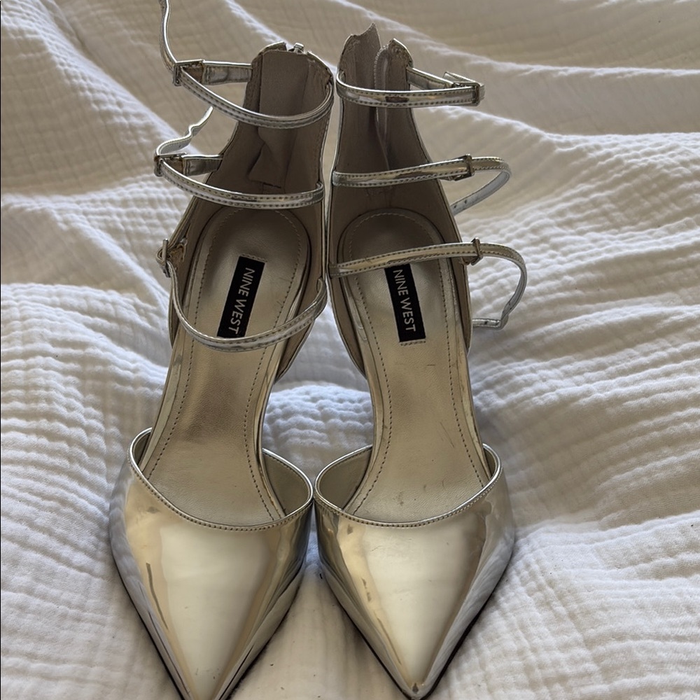 Nine West chrome silver strappy heels